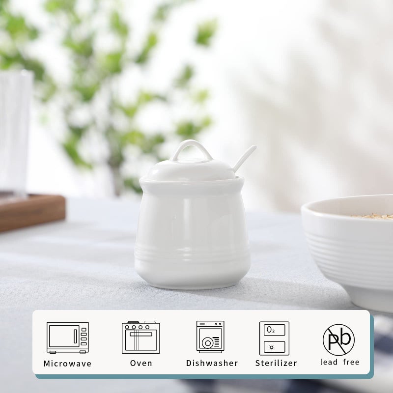 HAOTOP وعاء سكر من هاوتوب بورسلين، وعاء ملح سيراميك مع ملعقة وغطاء للاستخدام المنزلي والمطبخ، 12 أونصة (أبيض) - Image 3